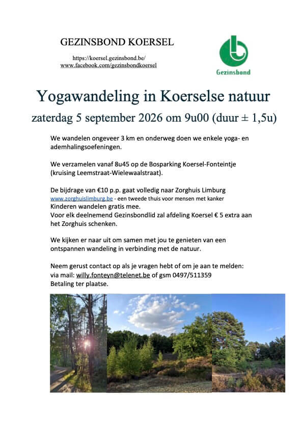 Yogawandeling in Koersele natuur tvv het zorghuis
