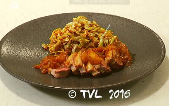 Eendenborst, sinaas, gember en spitskool