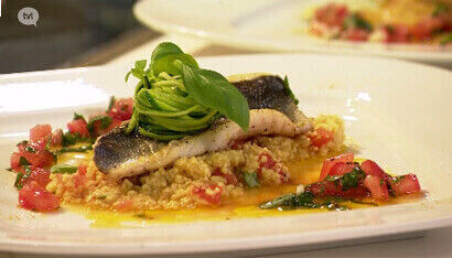 Zeebaars “ Sauce Vierge”, tomaten-couscous en courgette