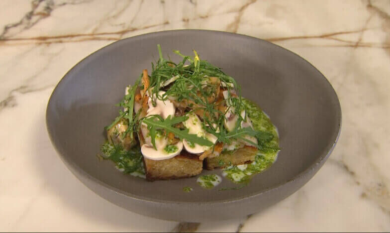 Wilde bospaddestoelen - gerookte paling - karnemelk/rucola - brioche brood