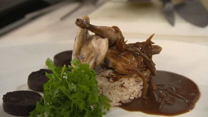 Kwartel met gebakken bloedworst en Balsamico