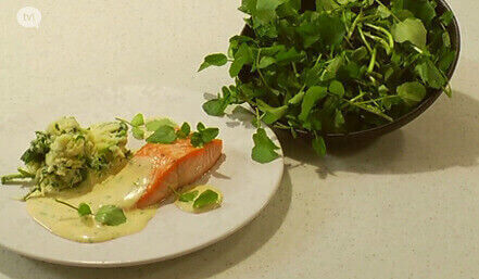 Gebakken zalm, bearnaise, en waterkerspuree